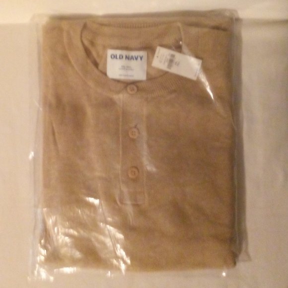 Henley Sweater: (3) Button. Crewneck. Long Sleeve.  Cotton Blend. Tan - Picture 5 of 6